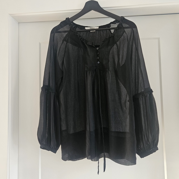 Hudson’S Bay Tops - Black Ruffled Sheer Blouse Long Sleeve Business Medium